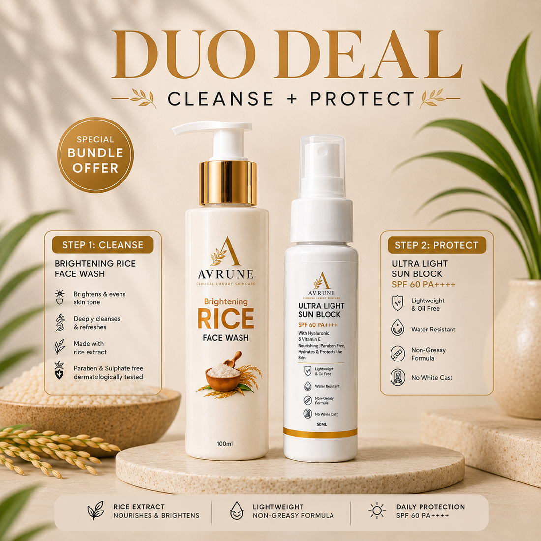 AVRUNE Cleanse & Protect Duo | Rice Face Wash + SPF 60 Sunblock